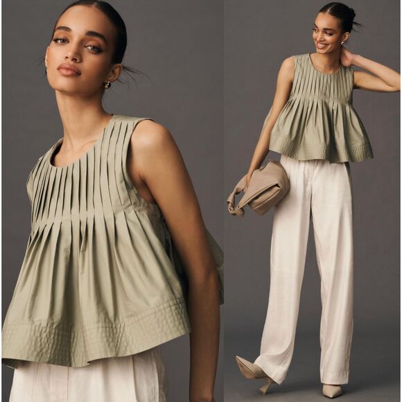 Anthropologie x Mare Mare Pleated Swing Olive Blouse - Picture 1 of 9